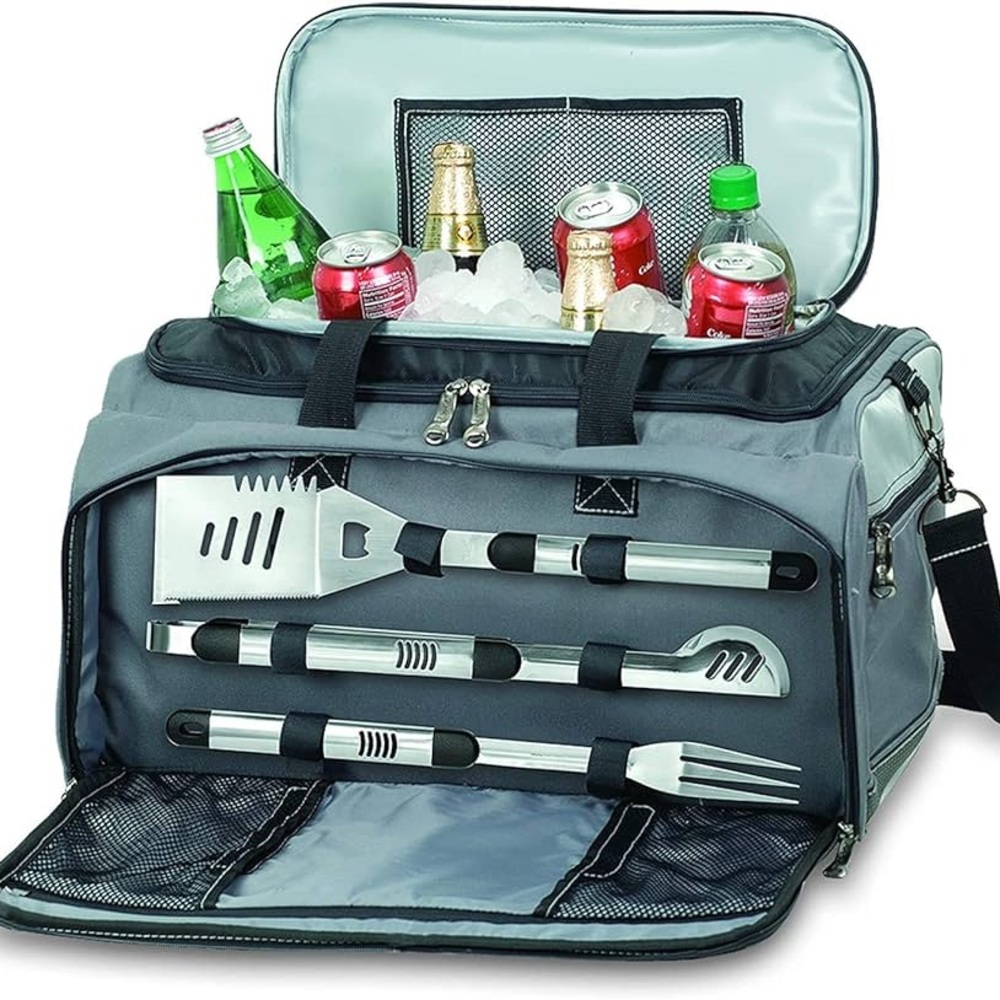 Travel Bbq Tote W/ Cooler, Tongs, Spatula, Large Fork. Brand New. Missing Grill